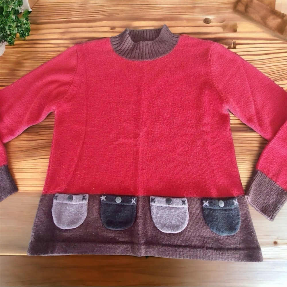 VTG Vera Moda Mockneck The Artisty Reddy Orange Sweater-pocket detailSz S -CUTE!